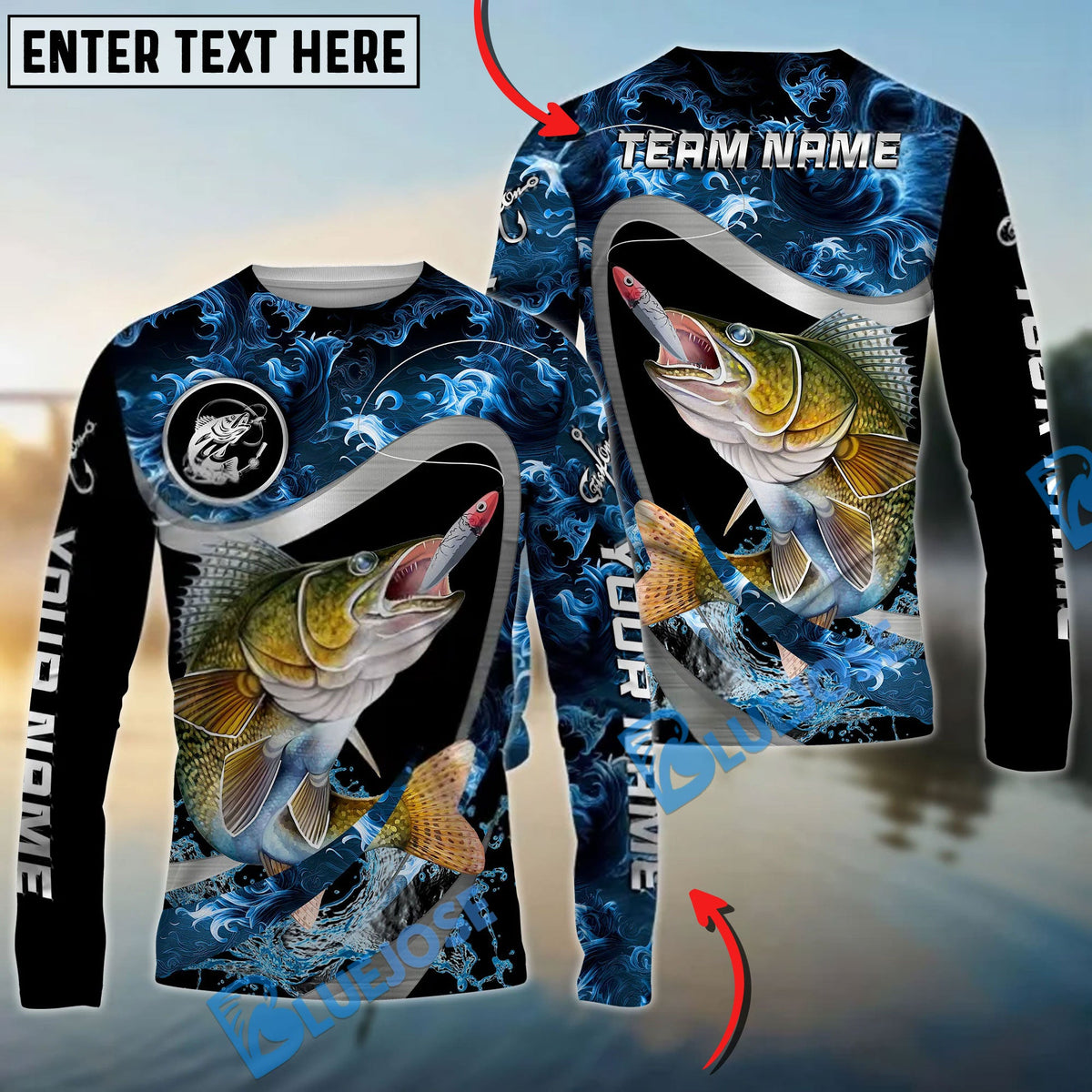Bluejose Walleye Fishing Ocean Wave Predator Custom Name &amp; Team Name 3D Shirts
