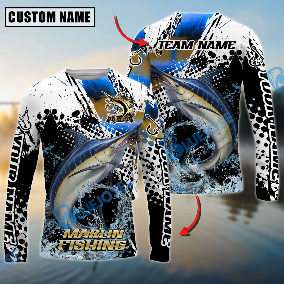 Bluejose Marlin Fishing Power Splash Skin Design Custom Name &amp; Team Name 3D Shirts