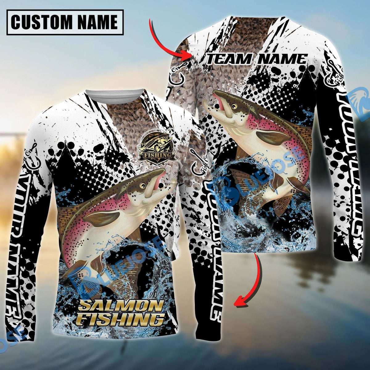 Bluejose Salmon Fishing Power Splash Skin Design Custom Name &amp; Team Name 3D Shirts
