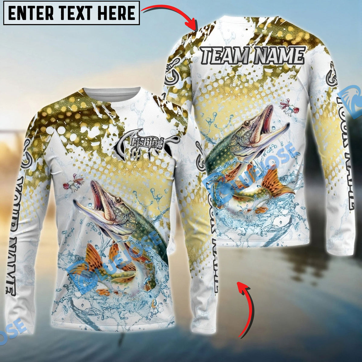 Bluejose Pike Fishing Skin Clean Sport Style Custom Name &amp; Team Name 3D Shirts
