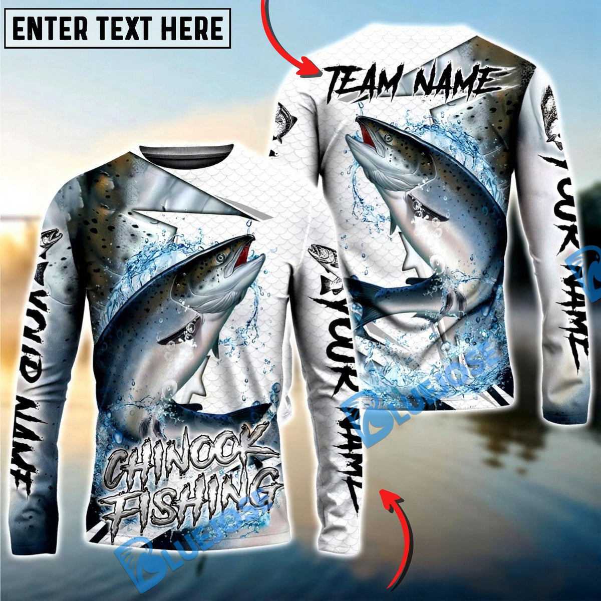 Bluejose Chinook Salmon Fishing Dynamic Splash Skin Net Art Custom Name &amp; Team Name 3D Shirts