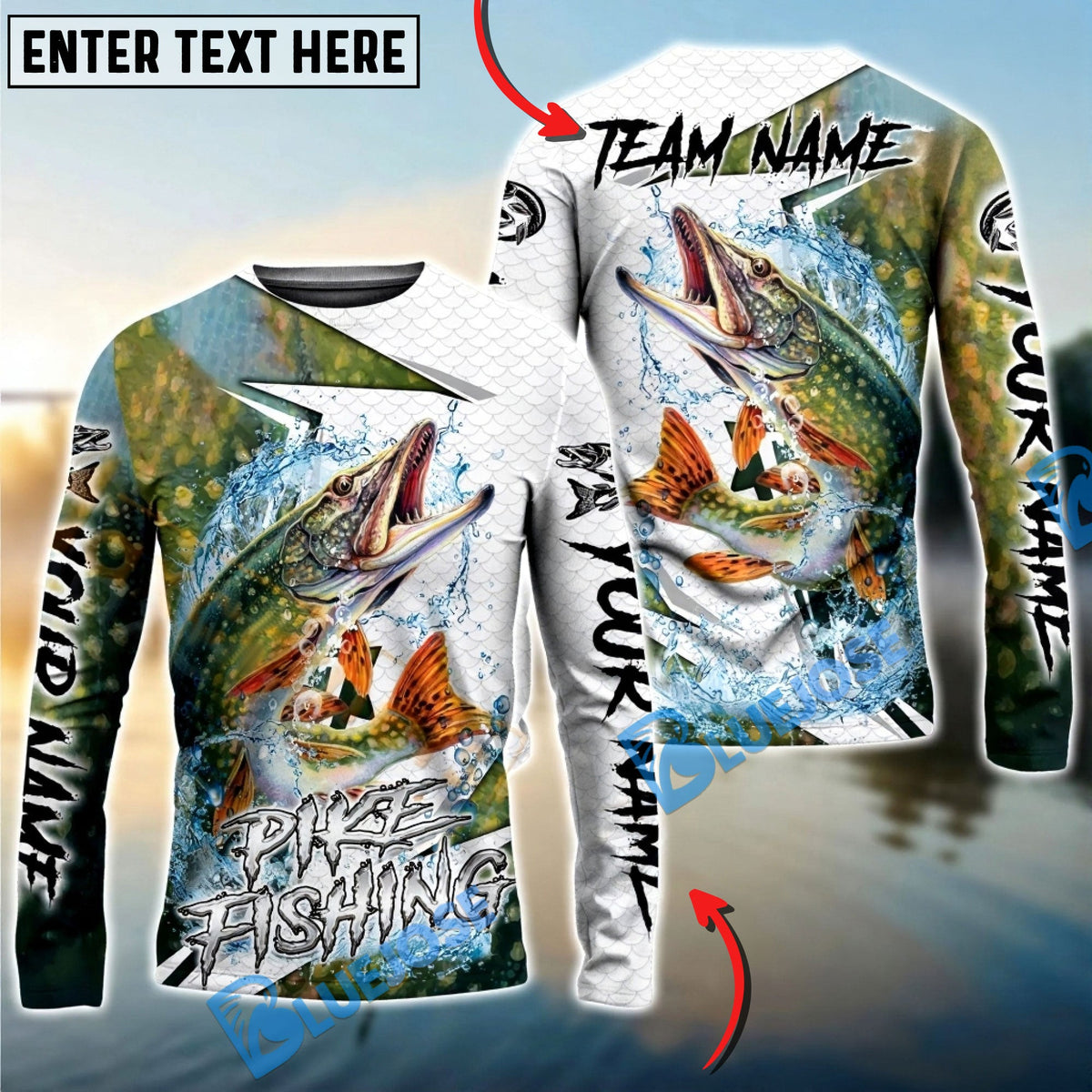 Bluejose Pike Fishing Dynamic Splash Skin Net Art Custom Name &amp; Team Name 3D Shirts