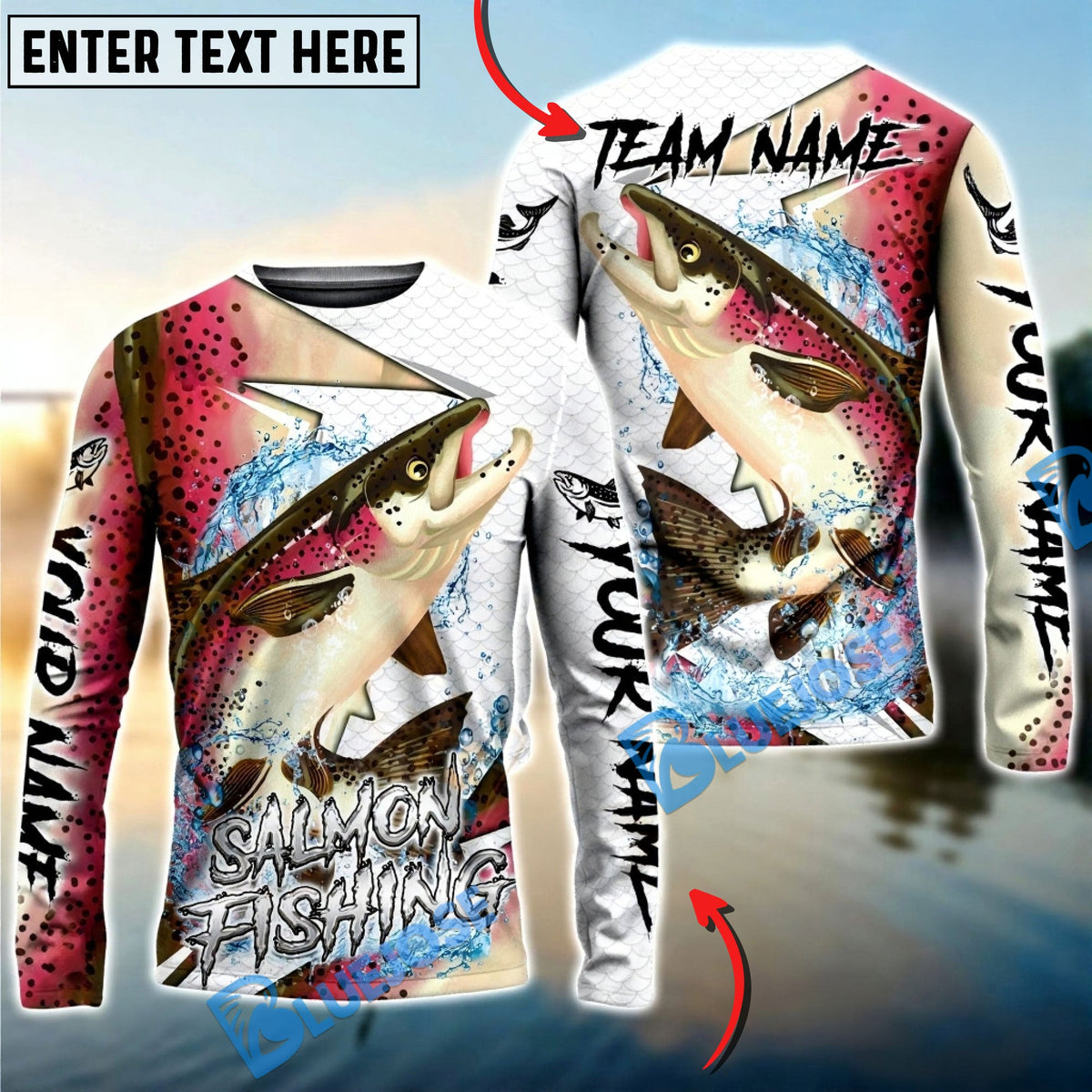 Bluejose Salmon Fishing Dynamic Splash Skin Net Art Custom Name &amp; Team Name 3D Shirts