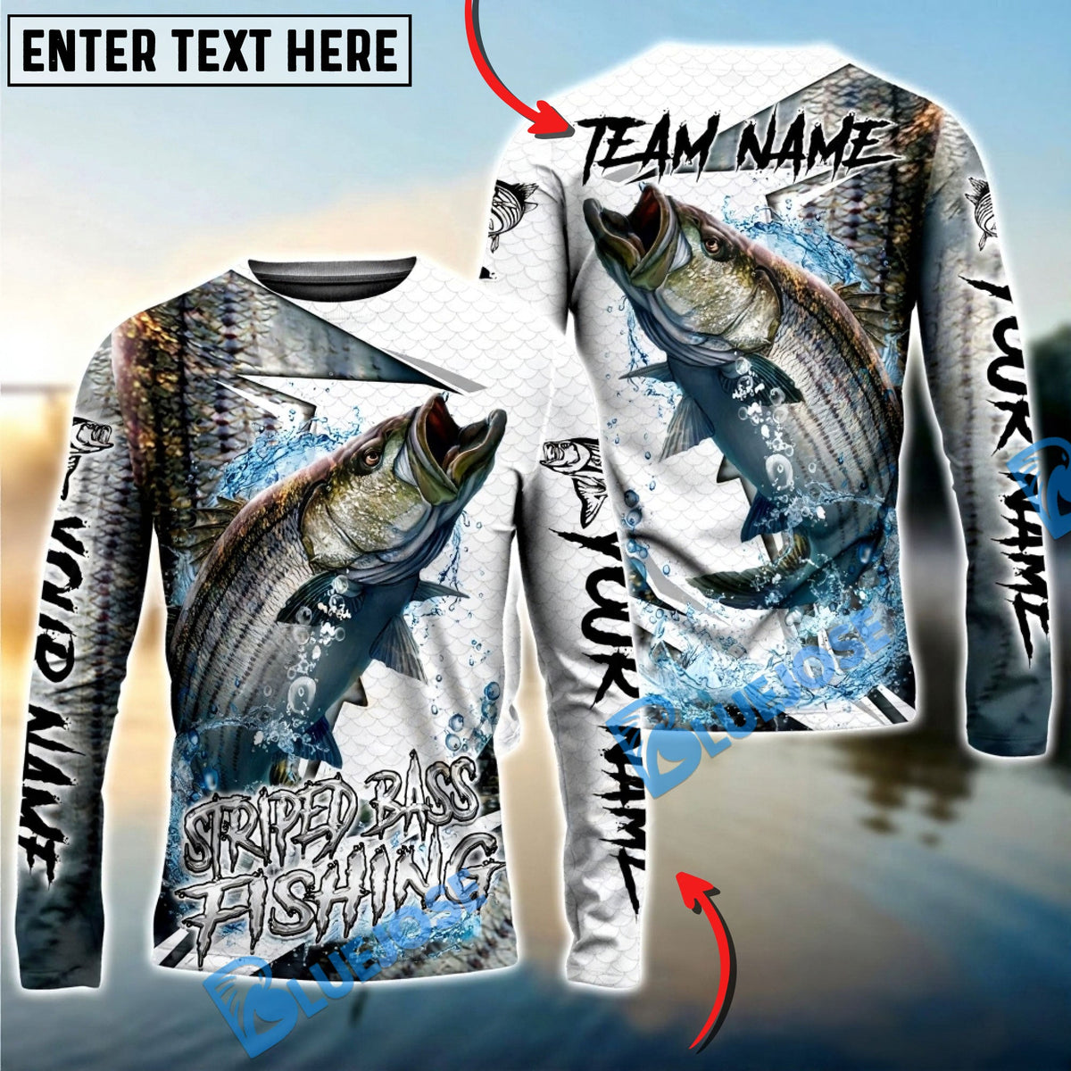 Bluejose Striped Bass Fishing Dynamic Splash Skin Net Art Custom Name &amp; Team Name 3D Shirts