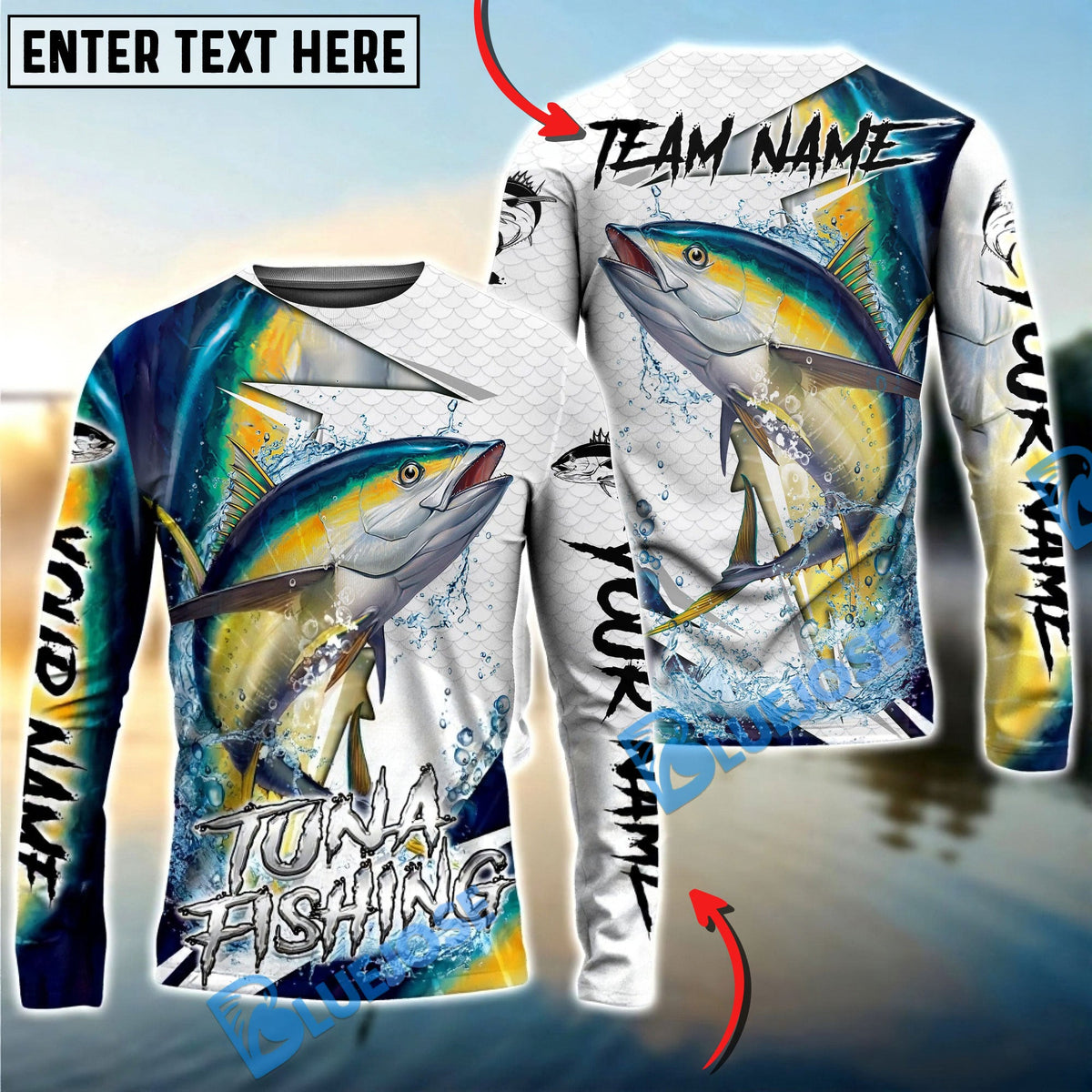Bluejose Tuna Fishing Dynamic Splash Skin Net Art Custom Name &amp; Team Name 3D Shirts