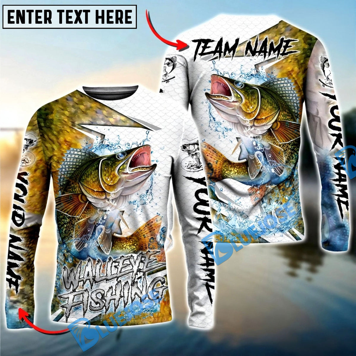 Bluejose Walleye Fishing Dynamic Splash Skin Net Art Custom Name &amp; Team Name 3D Shirts