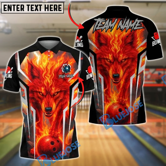 BlueJose Bowling And Pins Fire Wolf Flame Customized Name, Team Name 3D Shirt (4 Colors)