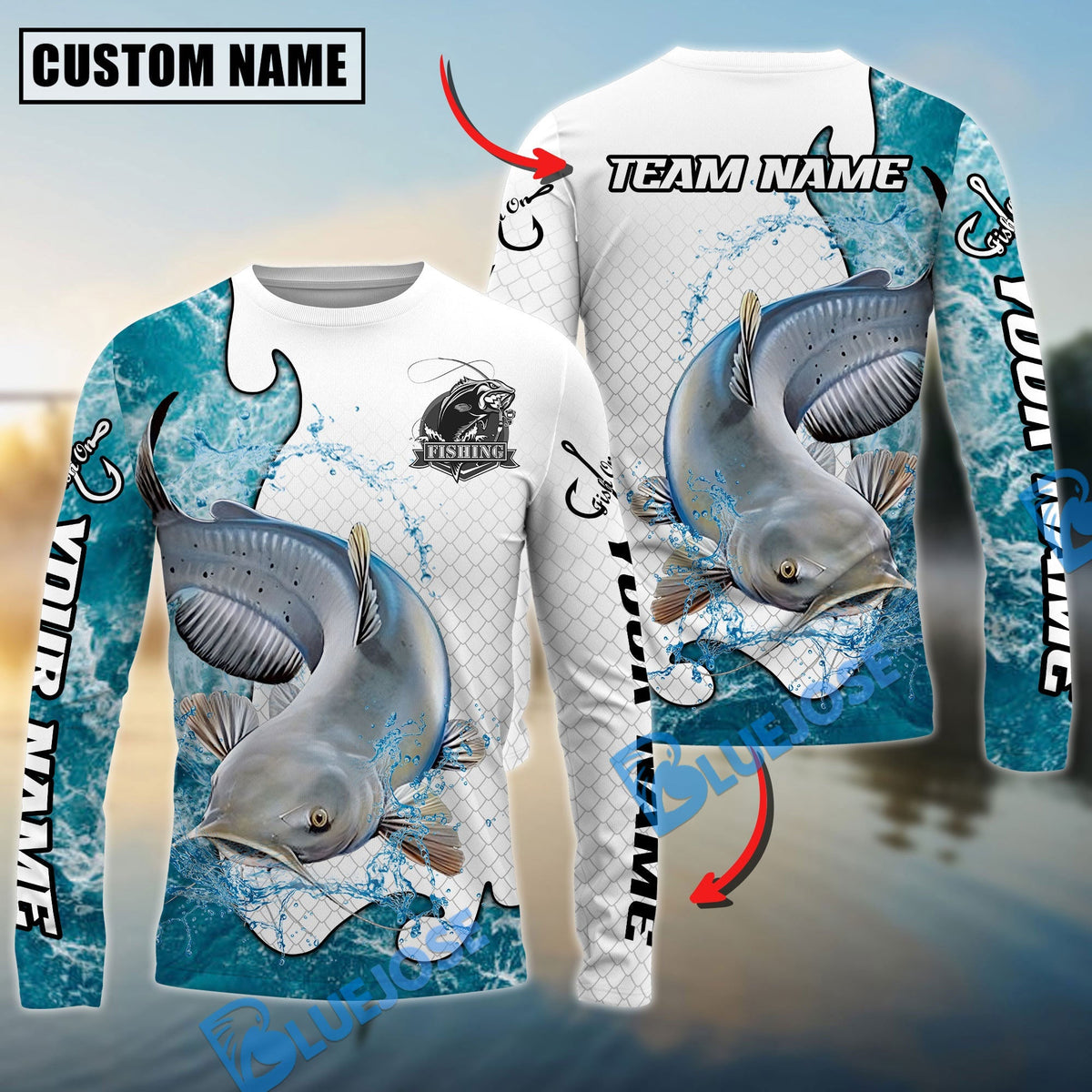 Bluejose Catfish Fishing Dynamic Water Splash Scale Pattern Custom Name &amp; Team Name 3D Shirts