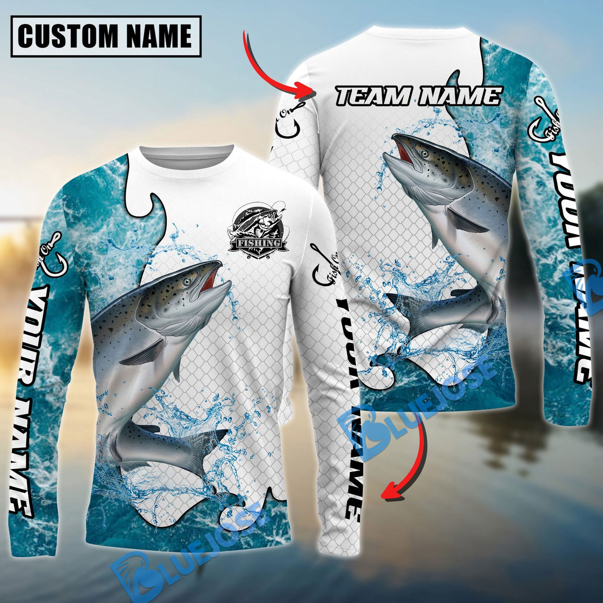 Bluejose Chinook Salmon Fishing Dynamic Water Splash Scale Pattern Custom Name &amp; Team Name 3D Shirts