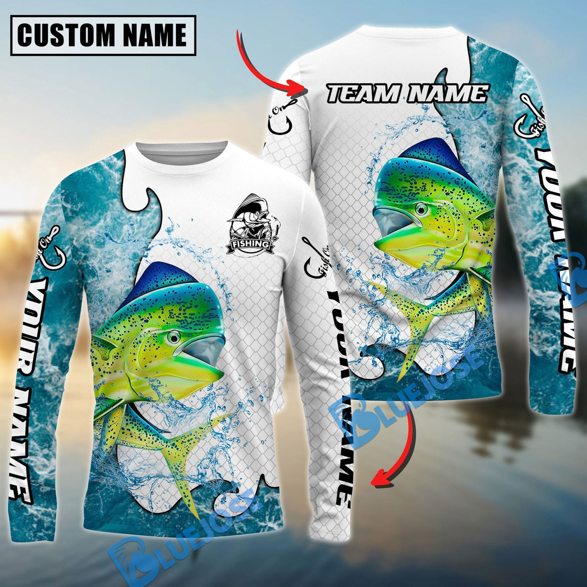 Bluejose Mahi-Mahi Fishing Dynamic Water Splash Scale Pattern Custom Name &amp; Team Name 3D Shirts