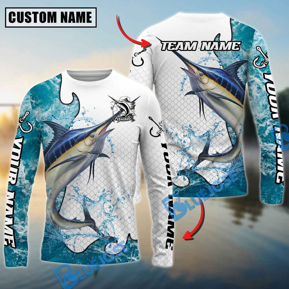 Bluejose Marlin Fishing Dynamic Water Splash Scale Pattern Custom Name &amp; Team Name 3D Shirts