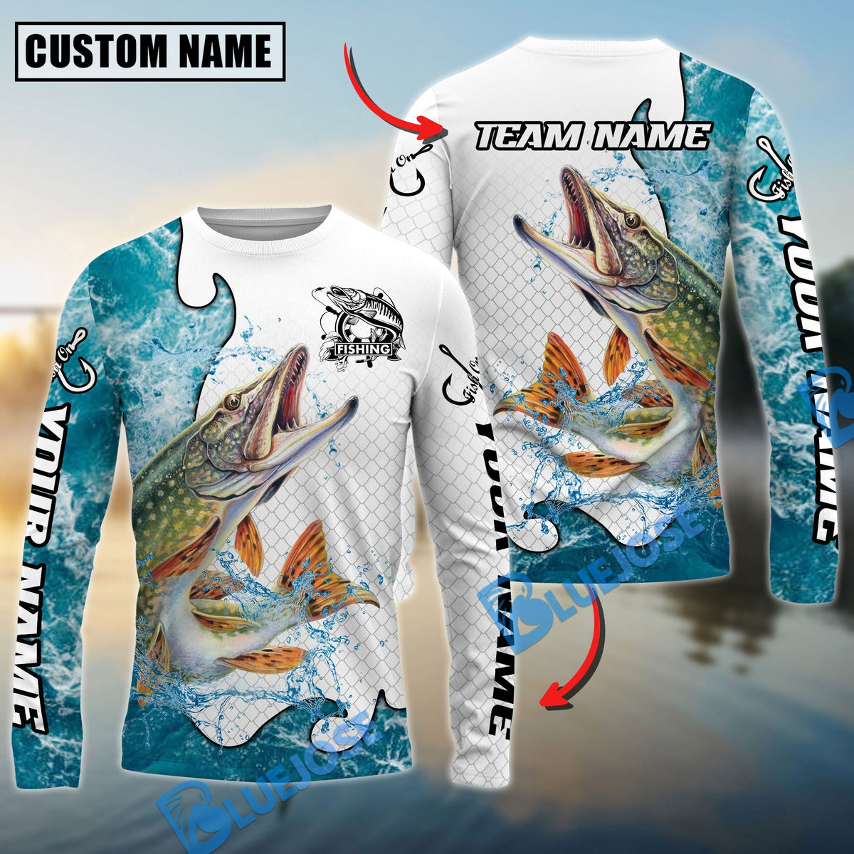 Bluejose Pike Fishing Dynamic Water Splash Scale Pattern Custom Name &amp; Team Name 3D Shirts