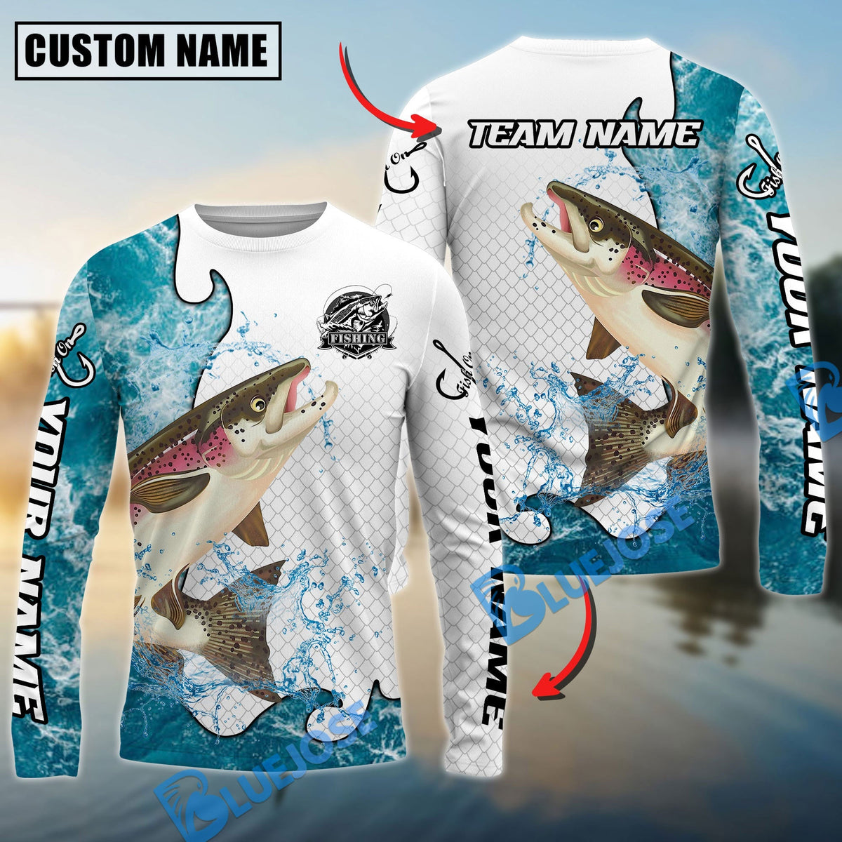 Bluejose Salmon Fishing Dynamic Water Splash Scale Pattern Custom Name &amp; Team Name 3D Shirts