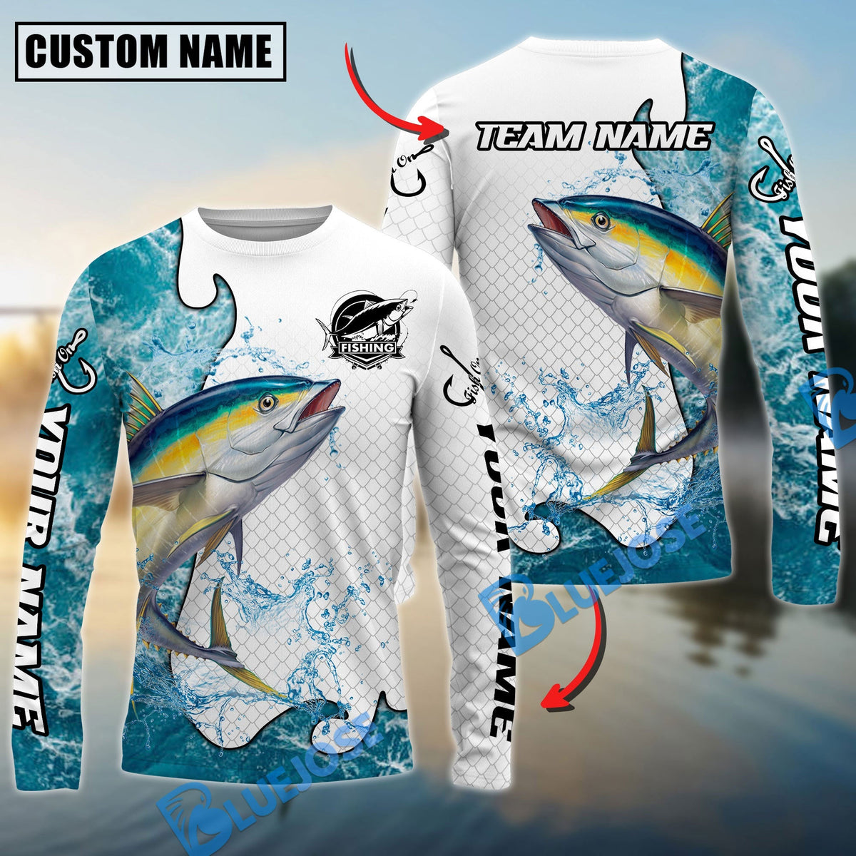 Bluejose Tuna Fishing Dynamic Water Splash Scale Pattern Custom Name &amp; Team Name 3D Shirts