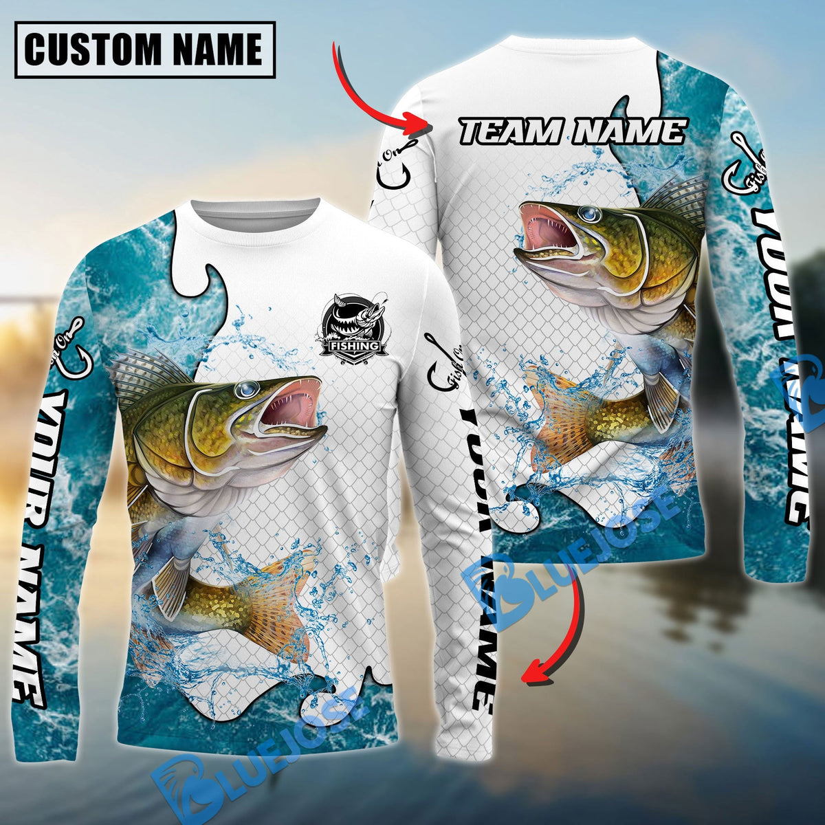 Bluejose Walleye Fishing Dynamic Water Splash Scale Pattern Custom Name &amp; Team Name 3D Shirts
