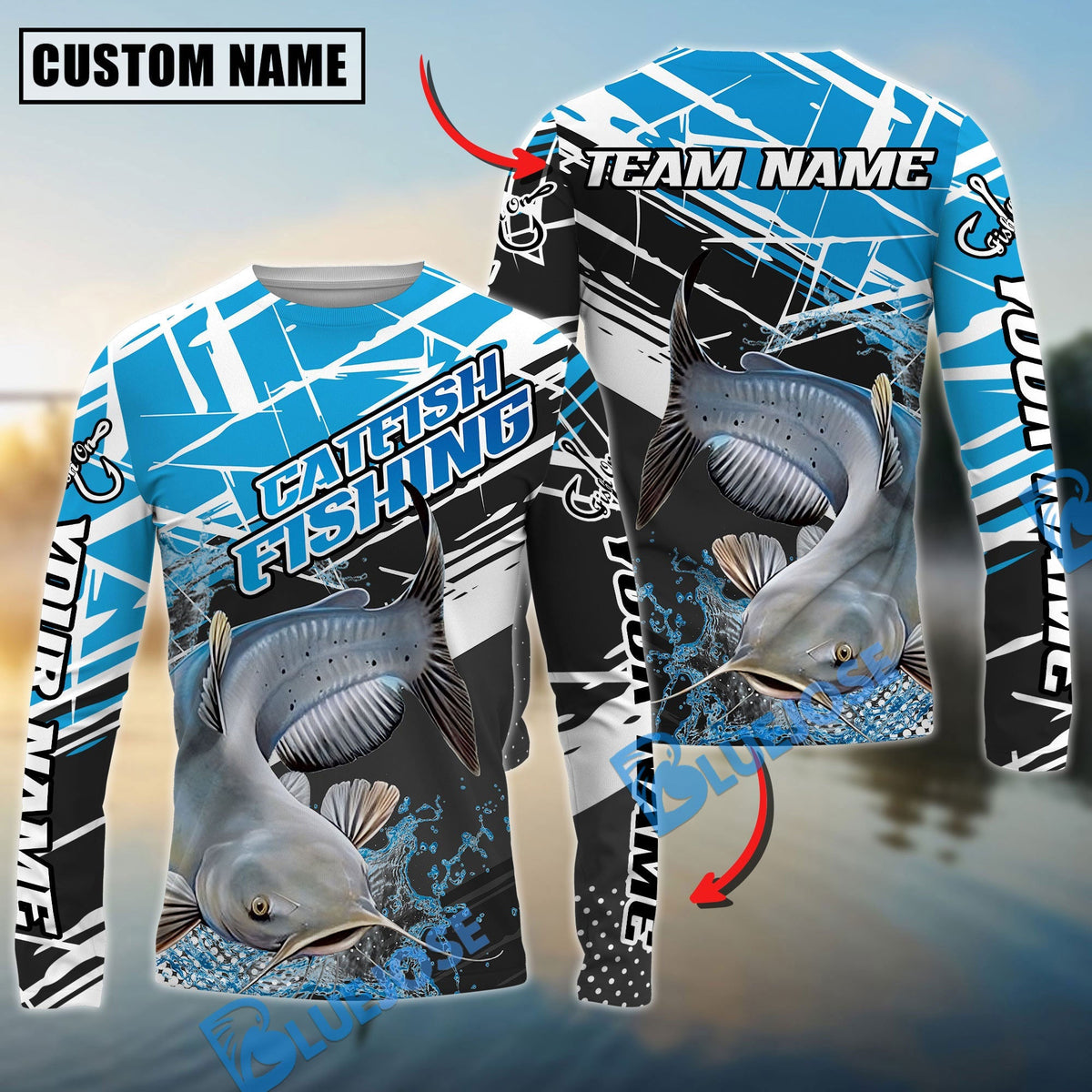 Bluejose Catfish Fishing Dynamic Water Splash Scale Pattern Custom Name &amp; Team Name 3D Shirts