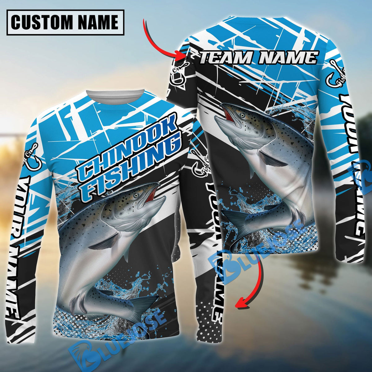Bluejose Chinook Salmon Fishing Dynamic Water Splash Scale Pattern Custom Name &amp; Team Name 3D Shirts