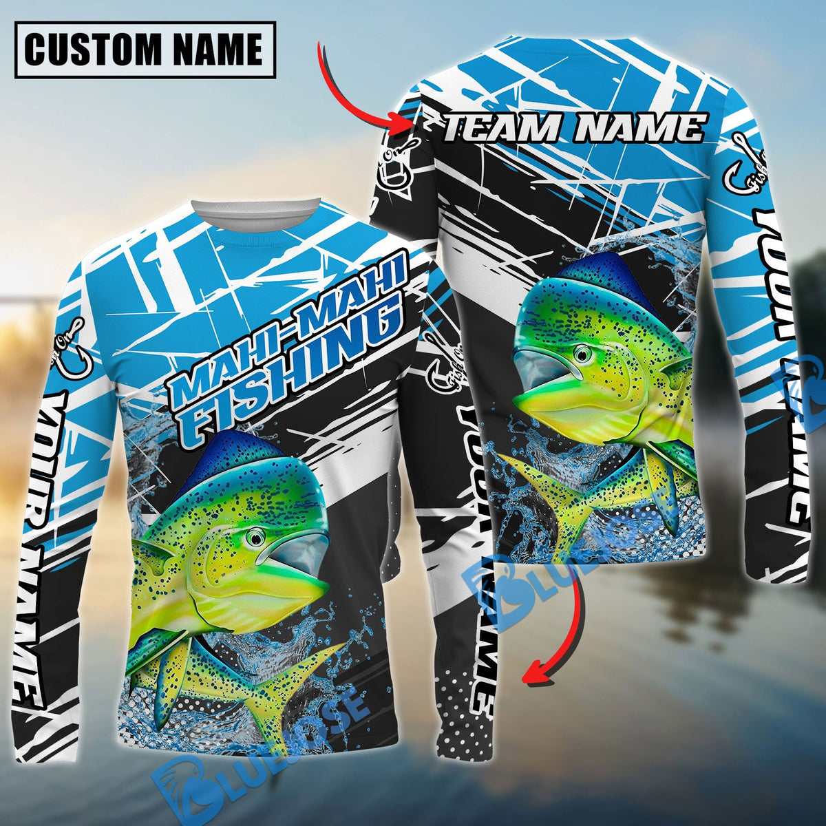 Bluejose Mahi-Mahi Fishing Dynamic Water Splash Scale Pattern Custom Name &amp; Team Name 3D Shirts