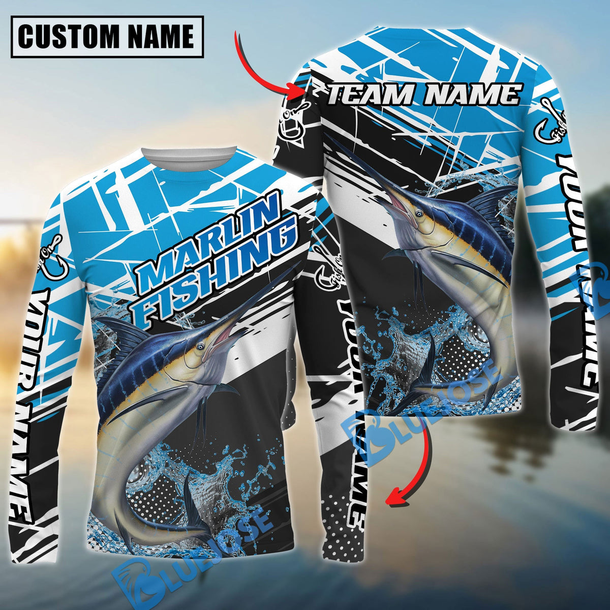 Bluejose Marlin Fishing Dynamic Water Splash Scale Pattern Custom Name &amp; Team Name 3D Shirts