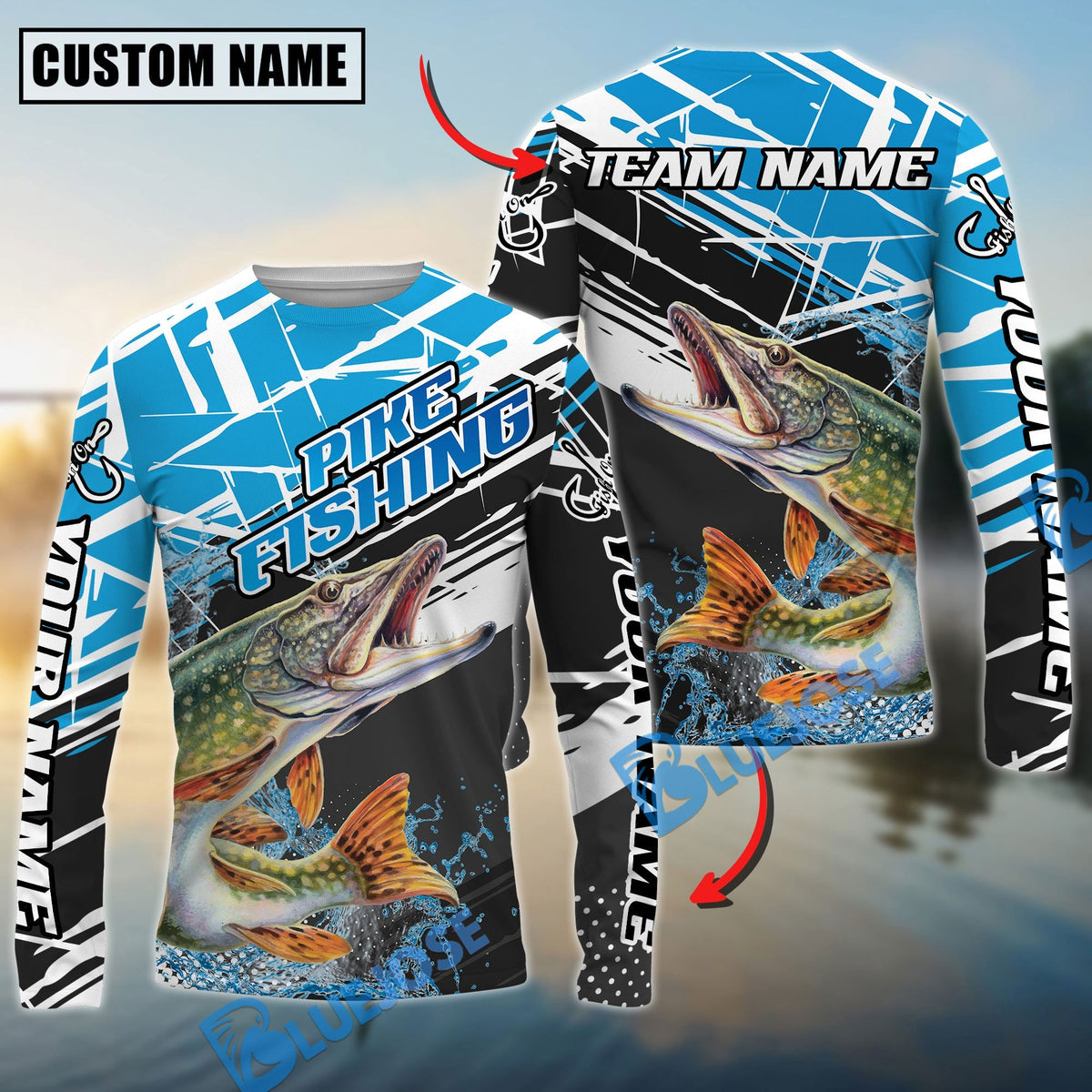 Bluejose Pike Fishing Dynamic Water Splash Scale Pattern Custom Name &amp; Team Name 3D Shirts