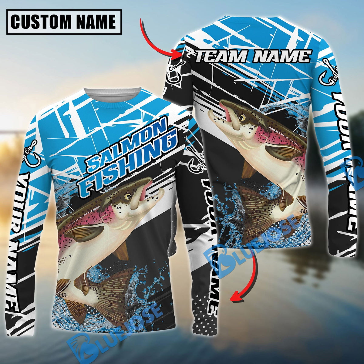 Bluejose Salmon Fishing Dynamic Water Splash Scale Pattern Custom Name &amp; Team Name 3D Shirts