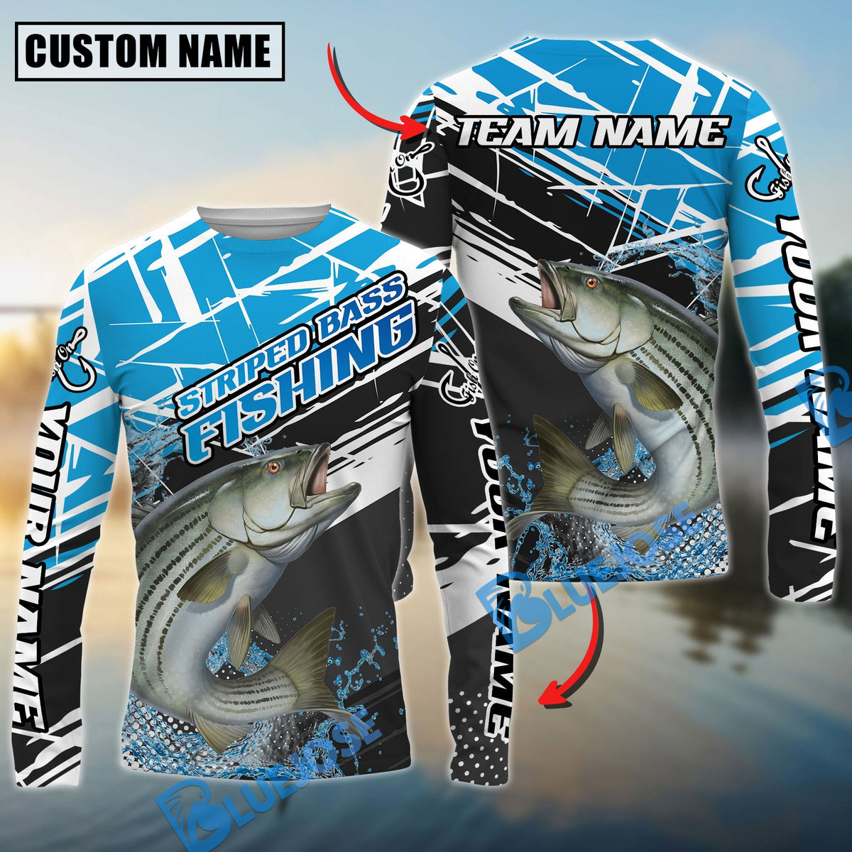 Bluejose Striped Bass Fishing Dynamic Water Splash Scale Pattern Custom Name &amp; Team Name 3D Shirts