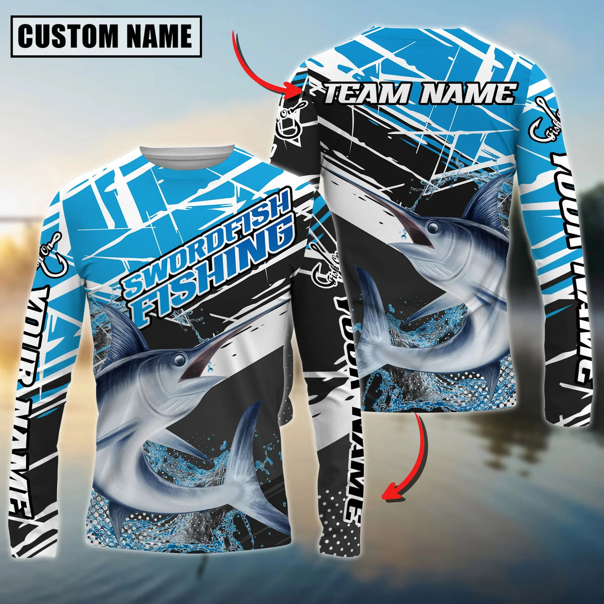 Bluejose Sword Fish Fishing Bold Graphic Splash Contrast Design Custom Name &amp; Team Name 3D Shirts