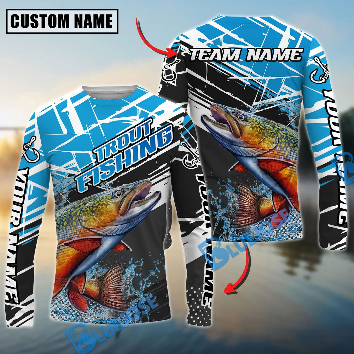Bluejose Trout Fishing Dynamic Water Splash Scale Pattern Custom Name &amp; Team Name 3D Shirts