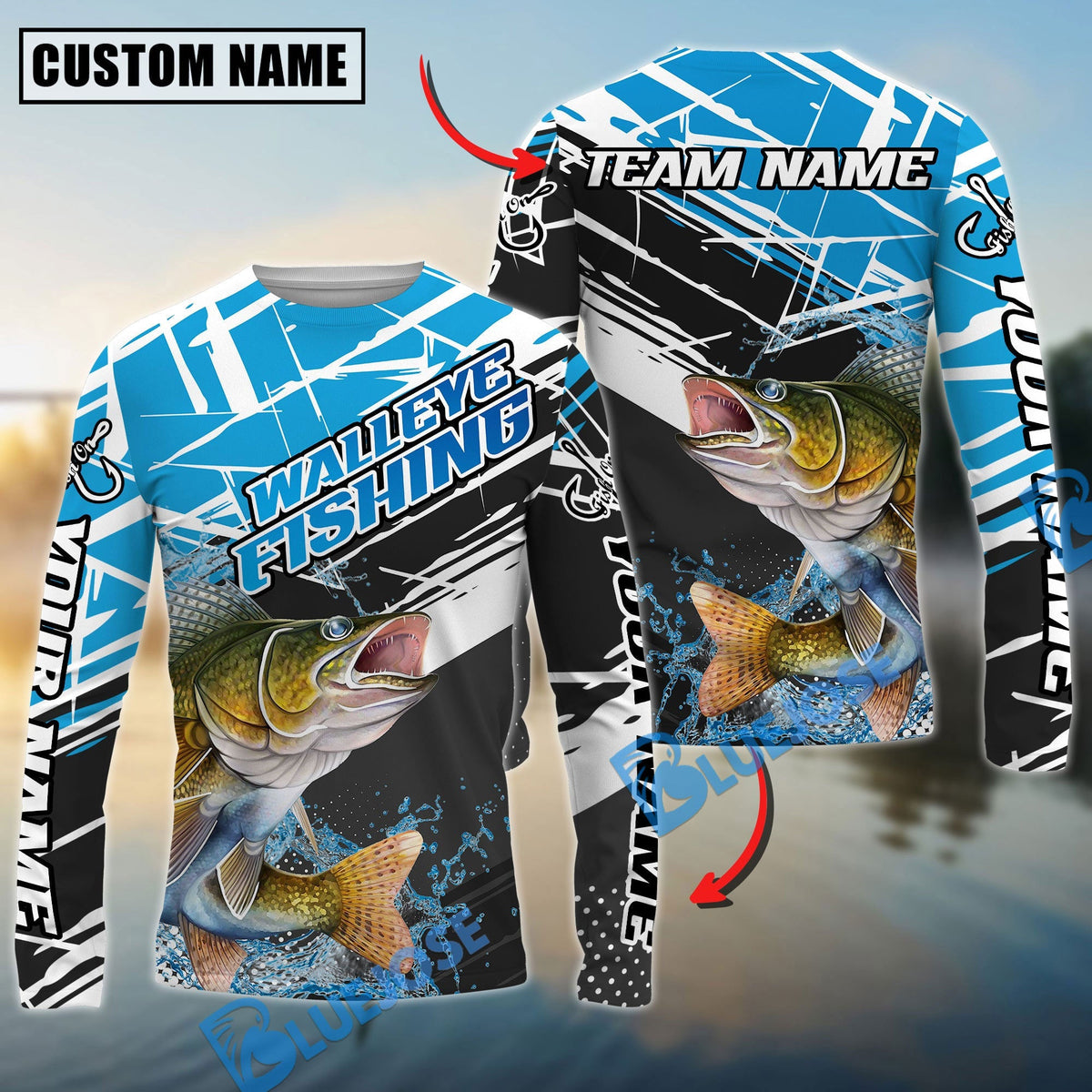 Bluejose Walleye Fishing Dynamic Water Splash Scale Pattern Custom Name &amp; Team Name 3D Shirts