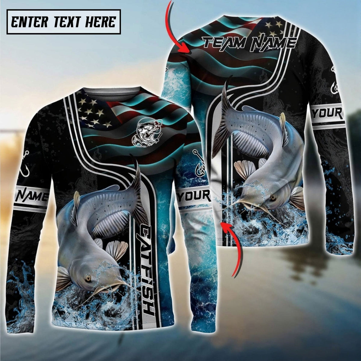 Bluejose Catfish Jumping Fish American Flag Wave Splash Custom Name &amp; Team Name 3D Shirts