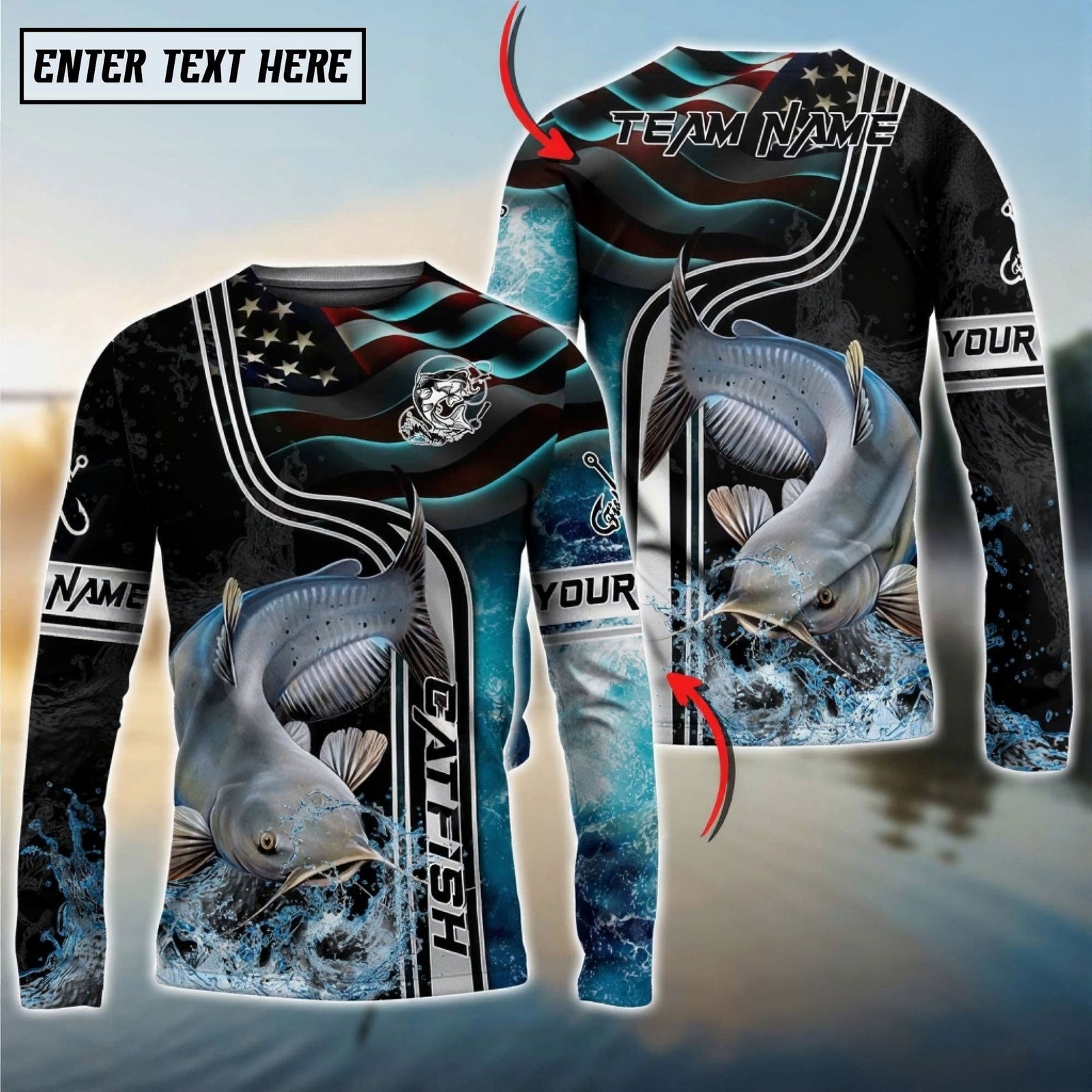 Bluejose Catfish Jumping Fish American Flag Wave Splash Custom Name & Team Name 3D Shirts
