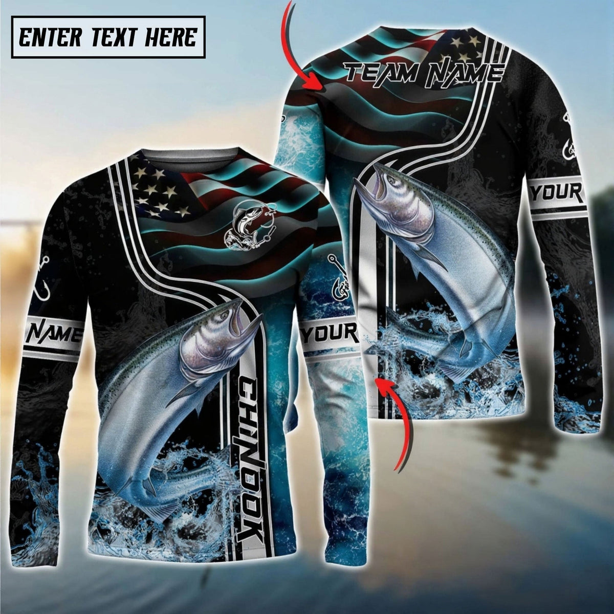 Bluejose Chinook Salmon Jumping Fish American Flag Wave Splash Custom Name &amp; Team Name 3D Shirts