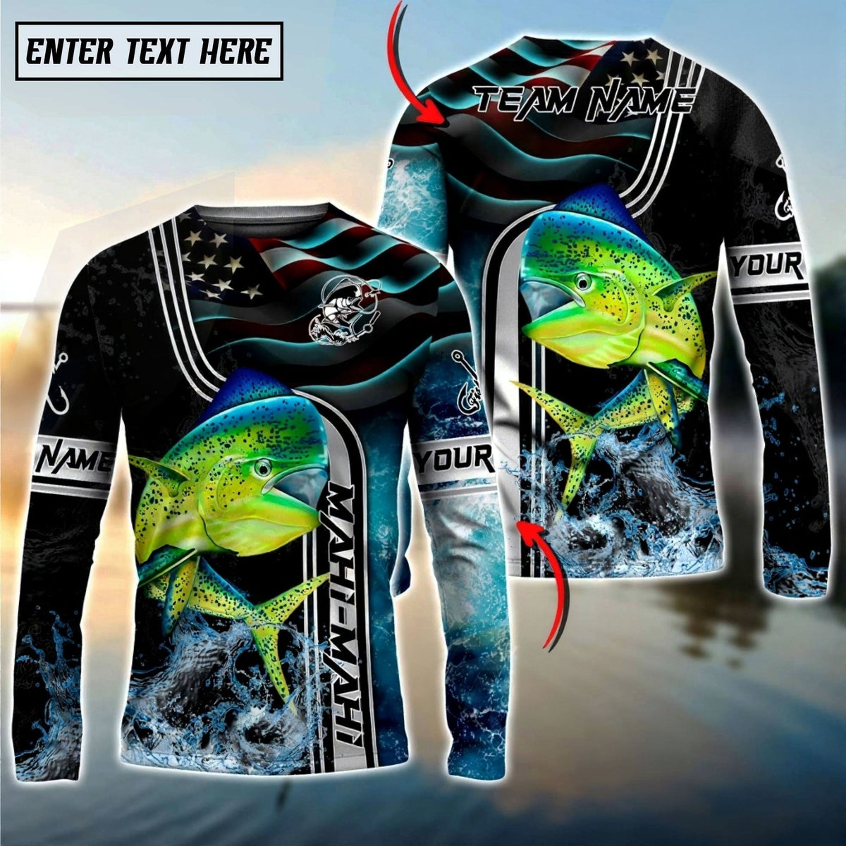 Bluejose Mahi-Mahi Jumping Fish American Flag Wave Splash Custom Name &amp; Team Name 3D Shirts