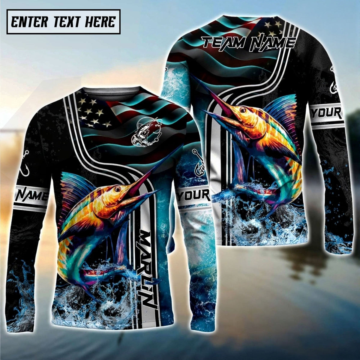Bluejose Marlin Jumping Fish American Flag Wave Splash Custom Name &amp; Team Name 3D Shirts