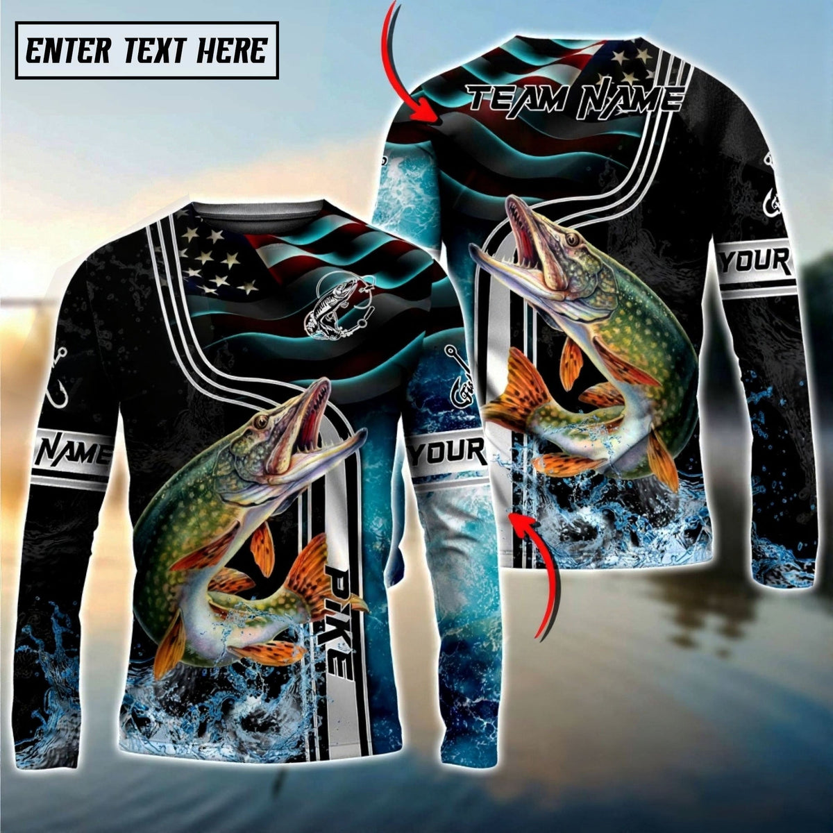 Bluejose Pike Jumping Fish American Flag Wave Splash Custom Name &amp; Team Name 3D Shirts
