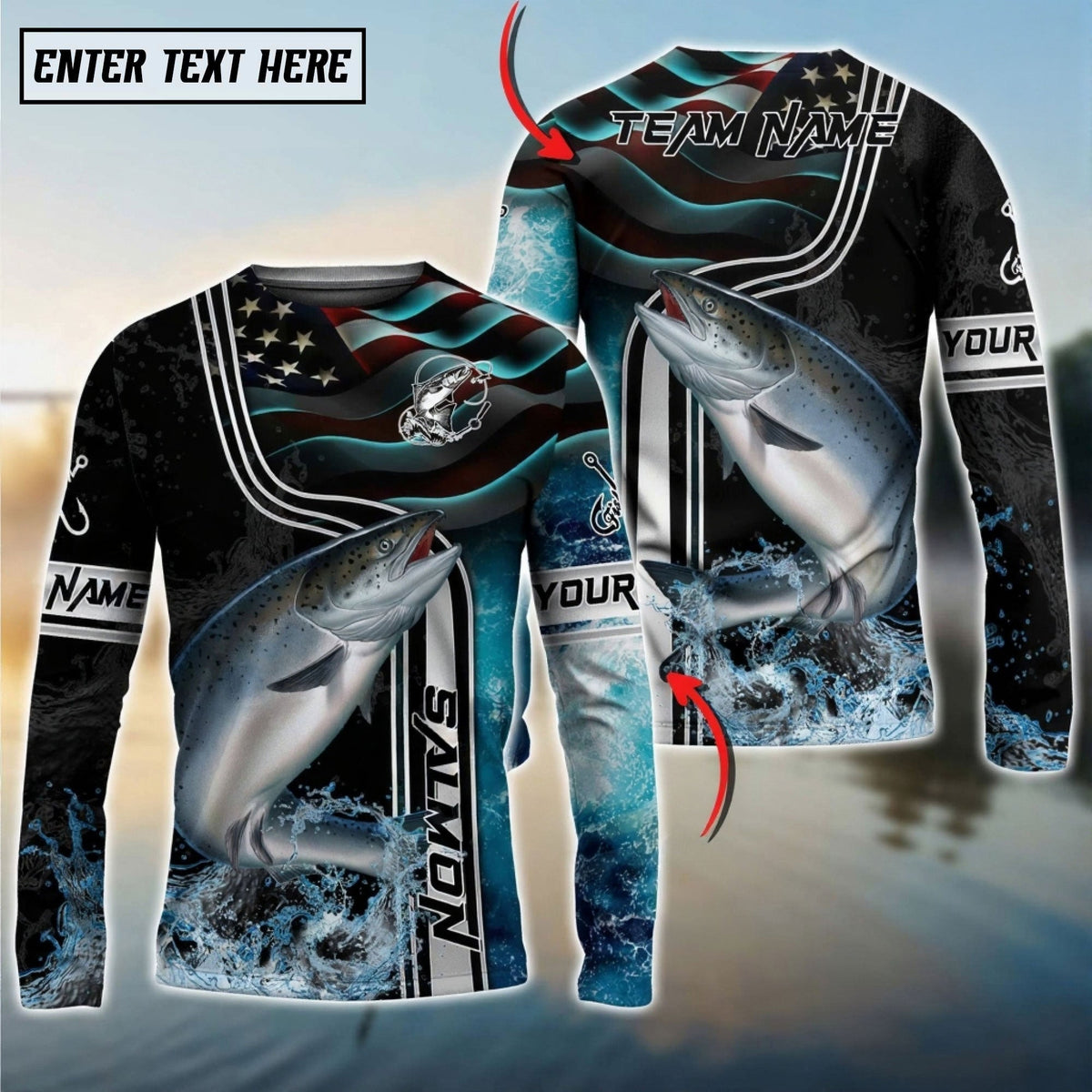 Bluejose Salmon Jumping Fish American Flag Wave Splash Custom Name &amp; Team Name 3D Shirts