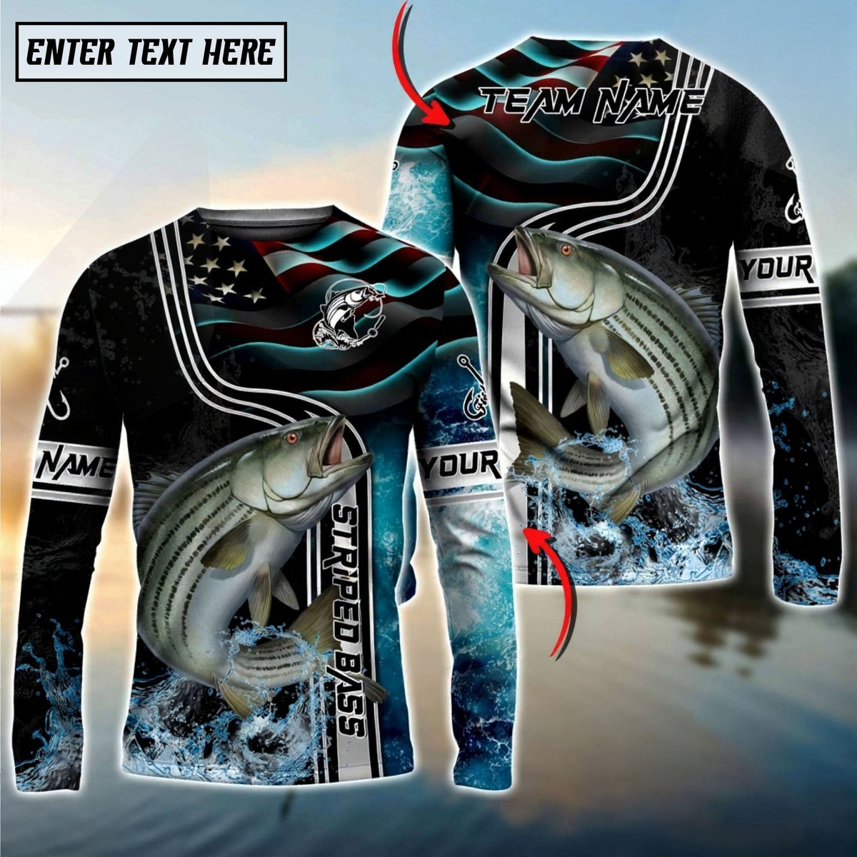 Bluejose Striped Bass Jumping Fish American Flag Wave Splash Custom Name &amp; Team Name 3D Shirts