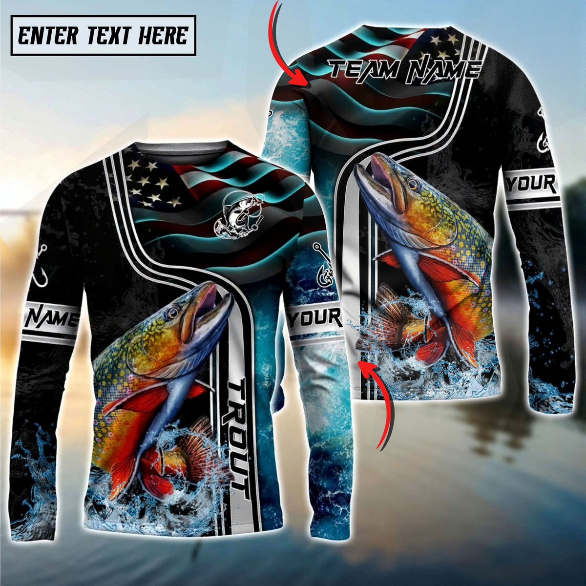 Bluejose Trout Jumping Fish American Flag Wave Splash Custom Name &amp; Team Name 3D Shirts