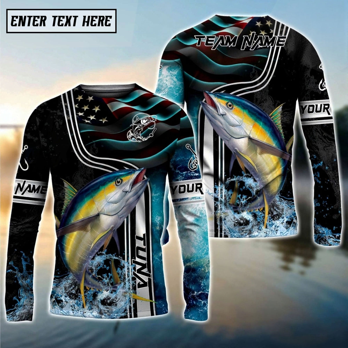 Bluejose Tuna Jumping Fish American Flag Wave Splash Custom Name &amp; Team Name 3D Shirts