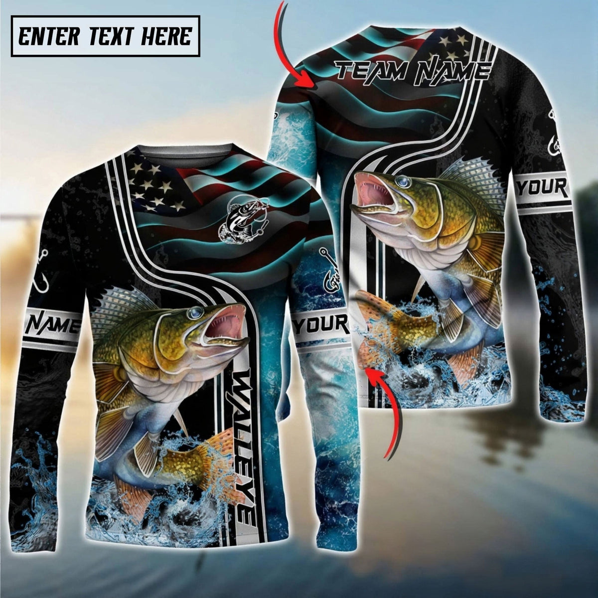 Bluejose Walleye Jumping Fish American Flag Wave Splash Custom Name &amp; Team Name 3D Shirts