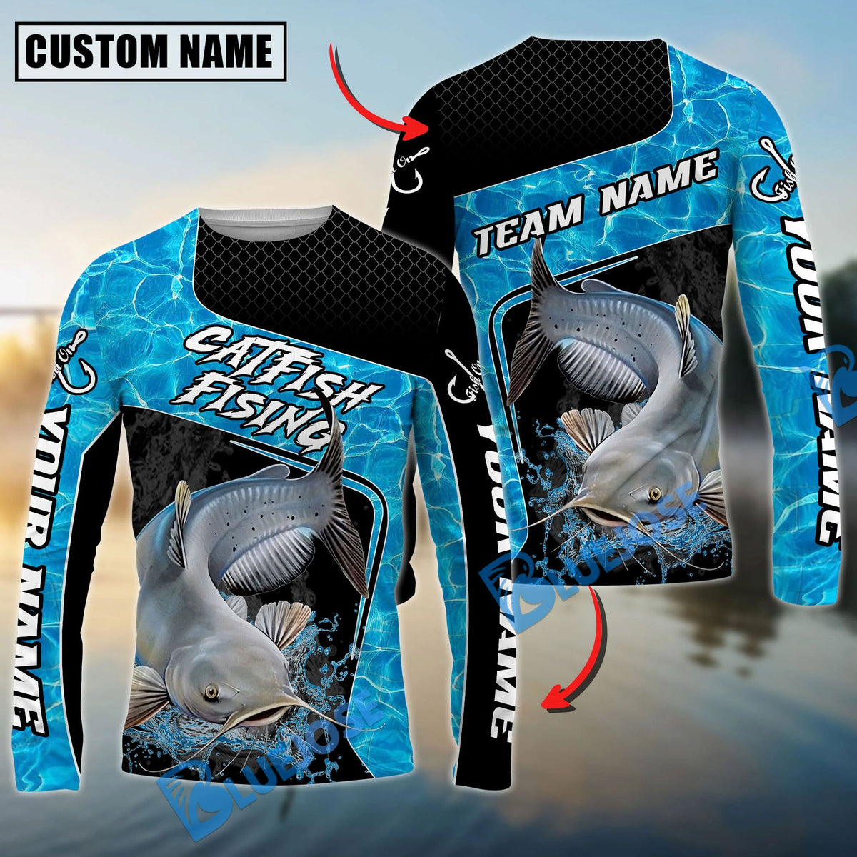 Bluejose Catfish Fishing Jumping Water Splash Art Custom Name &amp; Team Name 3D Shirts