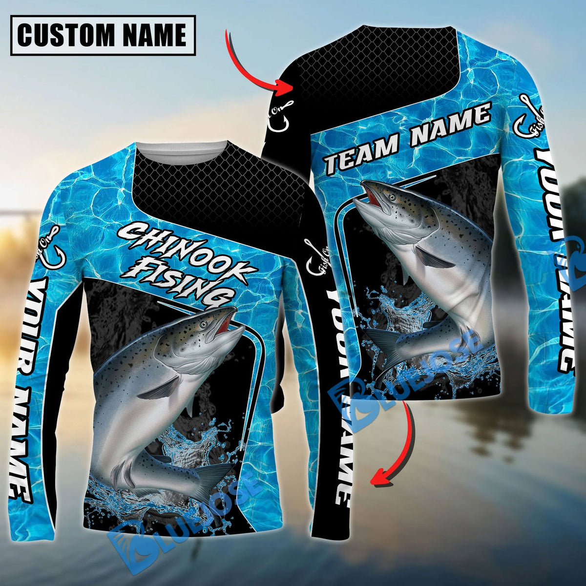 Bluejose Chinook Salmon Fishing Jumping Water Splash Art Custom Name &amp; Team Name 3D Shirts