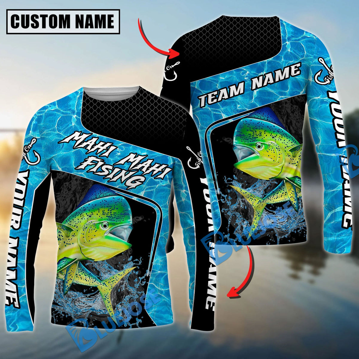 Bluejose Mahi-Mahi Fishing Jumping Water Splash Art Custom Name &amp; Team Name 3D Shirts