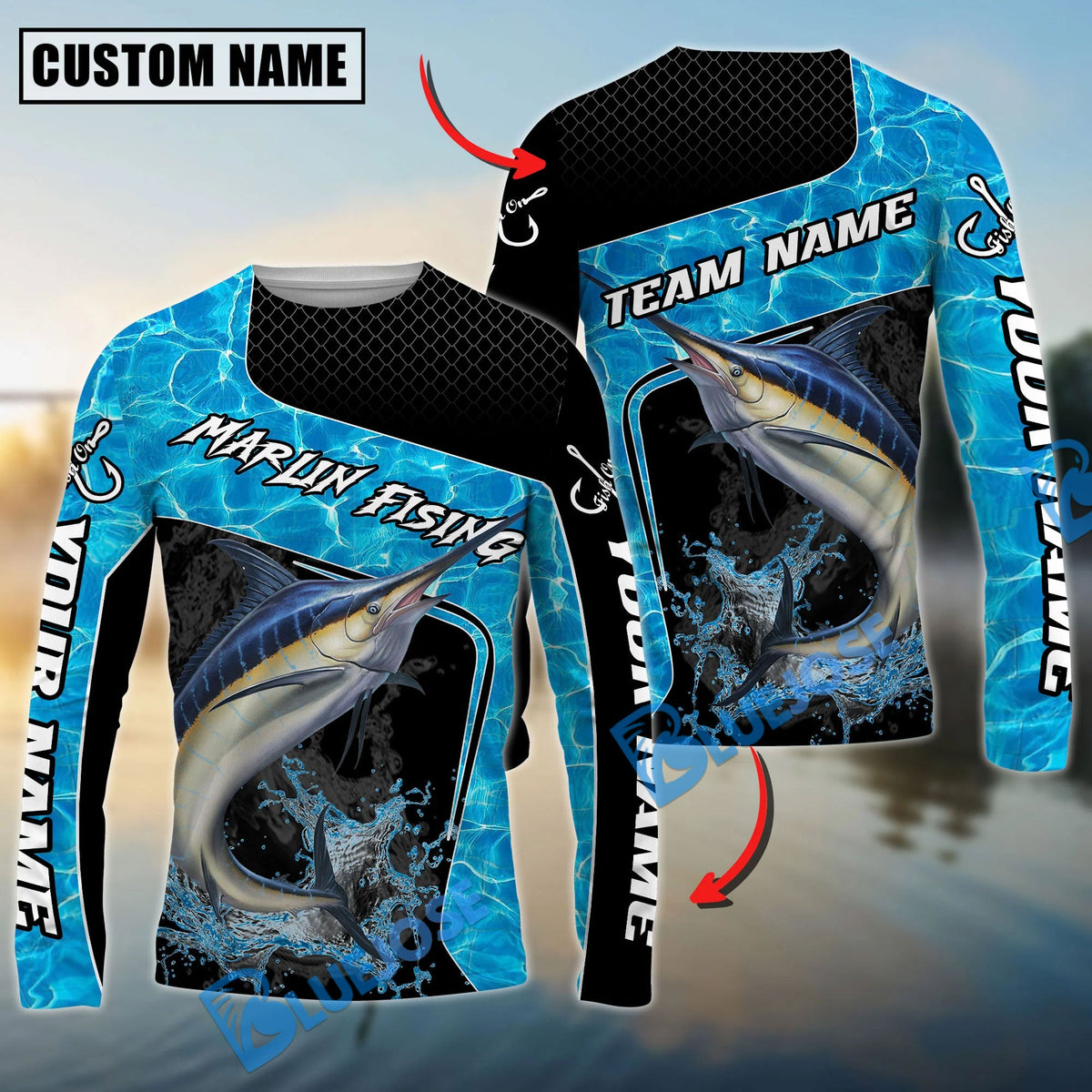 Bluejose Marlin Fishing Jumping Water Splash Art Custom Name &amp; Team Name 3D Shirts