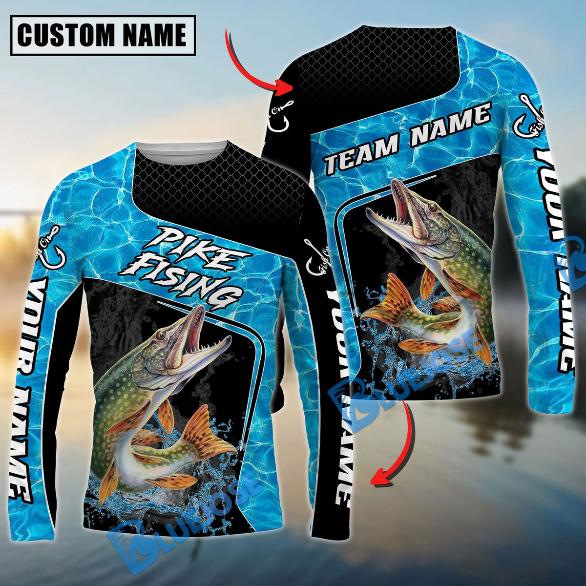Bluejose Pike Fishing Jumping Water Splash Art Custom Name &amp; Team Name 3D Shirts