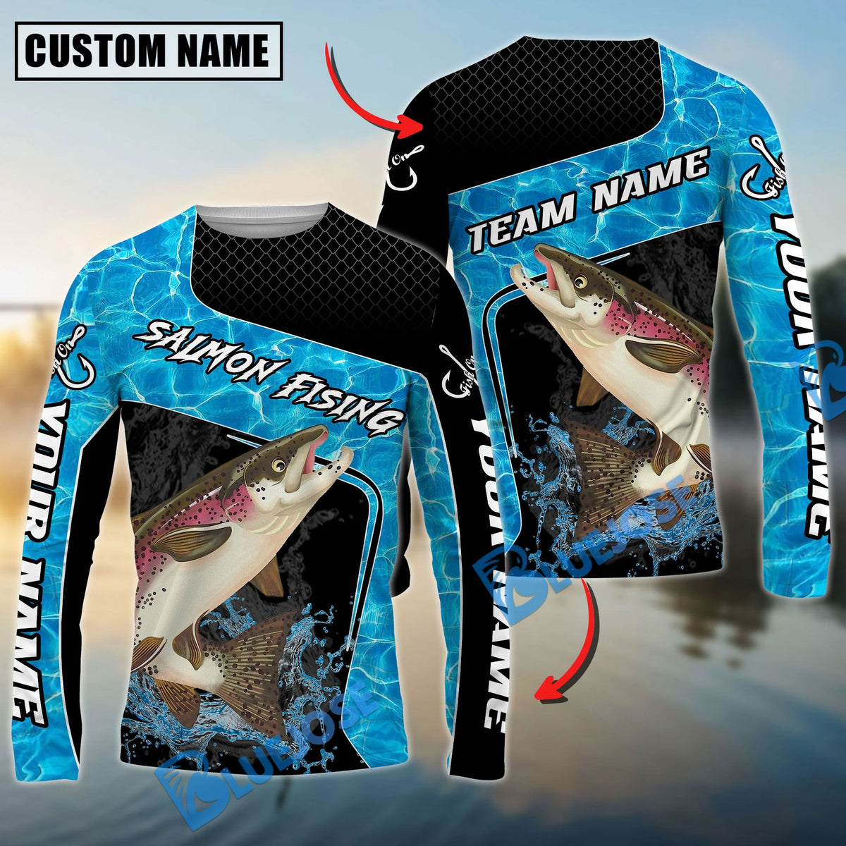 Bluejose Salmon Fishing Jumping Water Splash Art Custom Name &amp; Team Name 3D Shirts