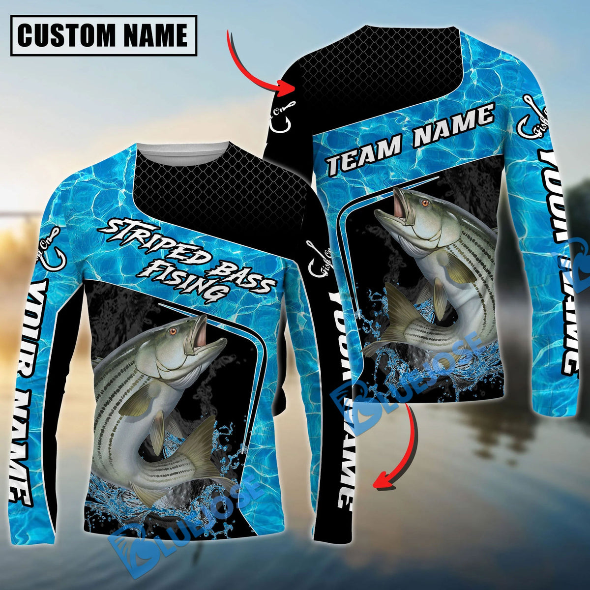 Bluejose Striped Bass Fishing Jumping Water Splash Art Custom Name &amp; Team Name 3D Shirts