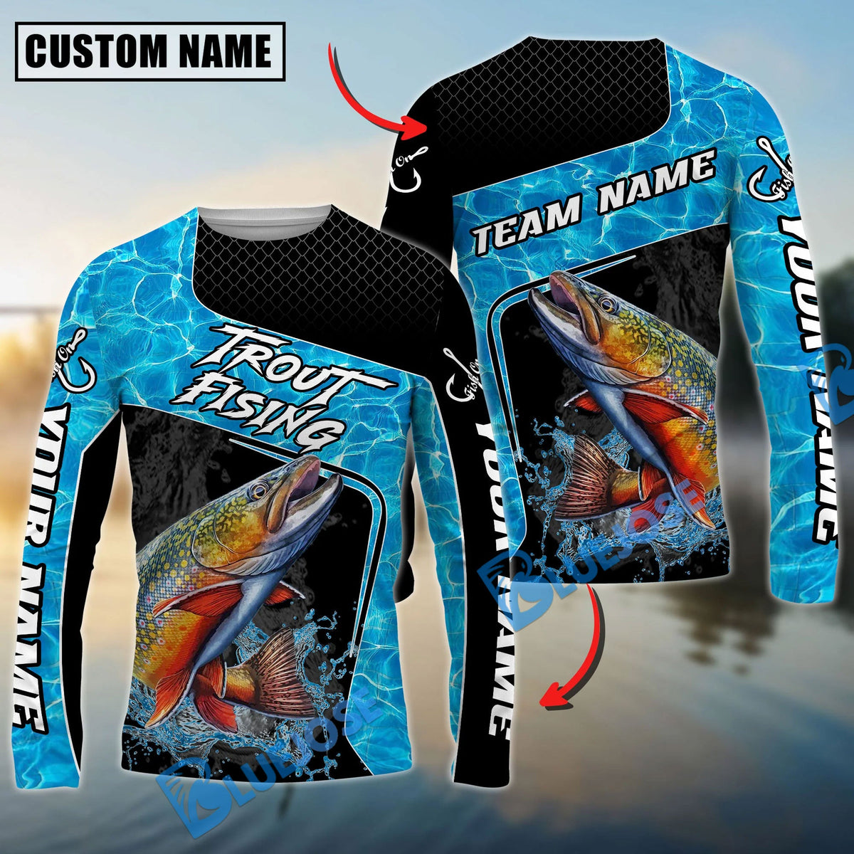 Bluejose Trout Fishing Jumping Water Splash Art Custom Name &amp; Team Name 3D Shirts