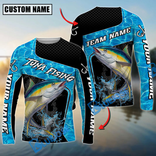 Bluejose Tuna Fishing Jumping Water Splash Art Custom Name & Team Name 3D Shirts