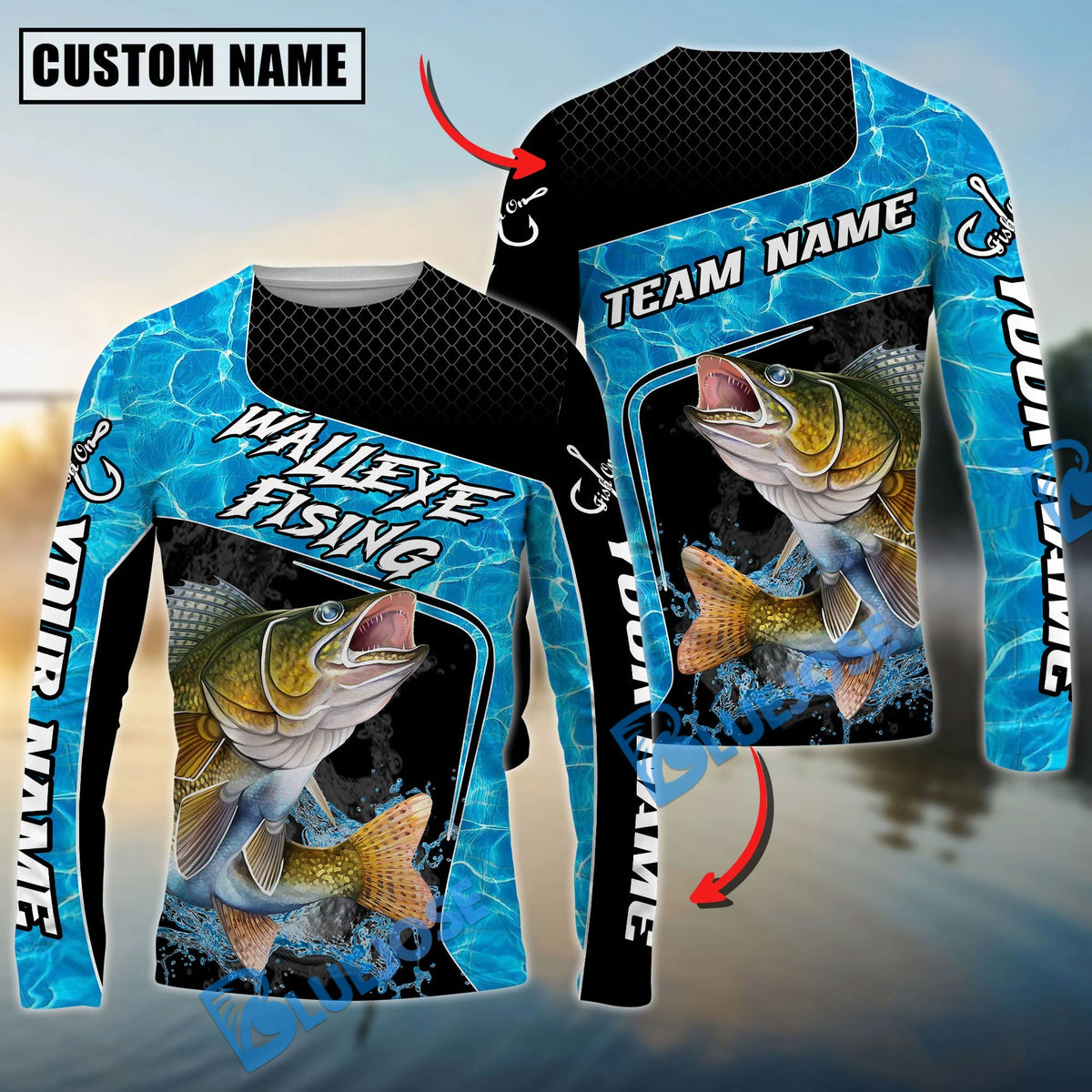Bluejose Walleye Fishing Jumping Water Splash Art Custom Name &amp; Team Name 3D Shirts